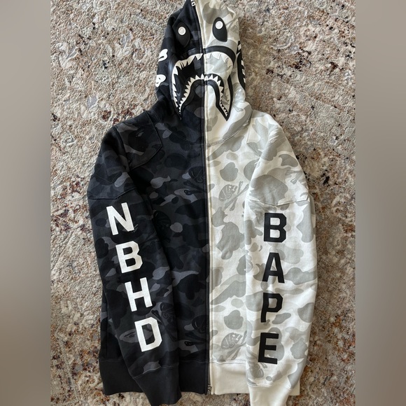Bape Other - Bape x Neighborhood Split Camo Shark Full Zip Hoodie Men's Size M Black/White